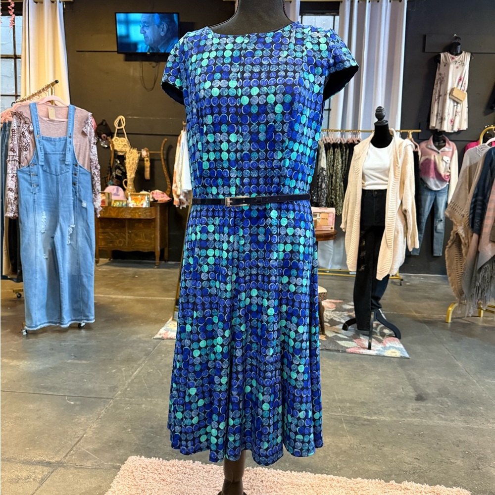 Jessica Howard Blue and Green A-Line Flutter Sleeve Dress
